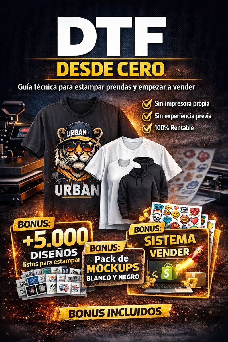 6️⃣ DTF desde Cero + 5.000 Diseños

Guía técnica para estampar y vender sin complicarte